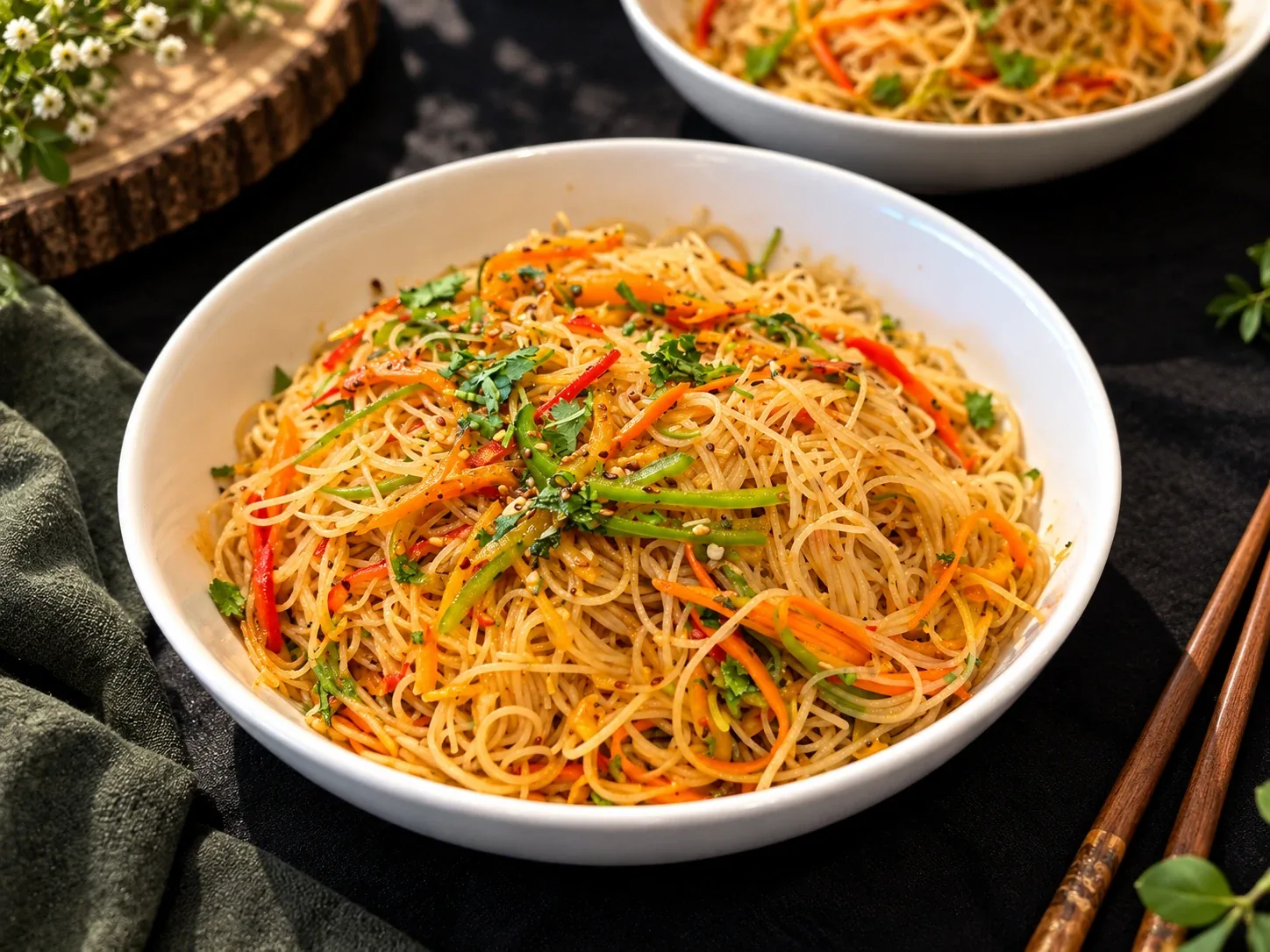 A bowl of rice noodles tossed with julienned carrot, red and green pepper, sesame seeds and coriander