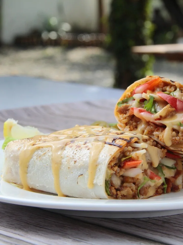 A grilled flour wrap cut in half and drizzled with a chipotle sauce