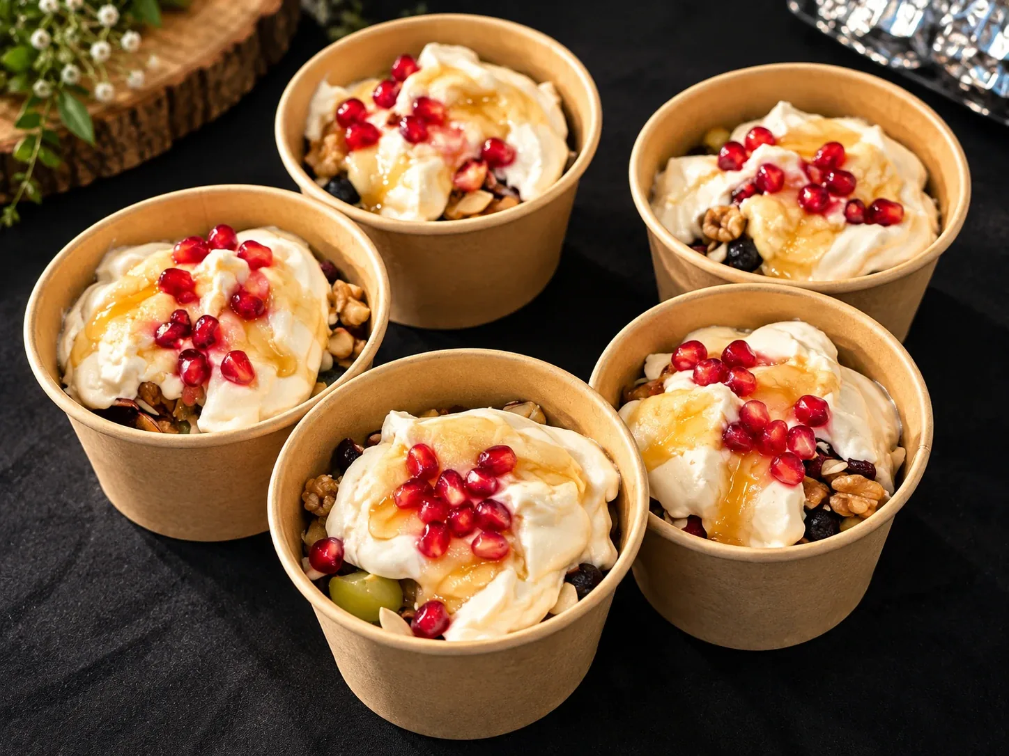 Kraft paper cups of yogurt over granola, walnuts and dried fruit, topped with pomegranate and honey